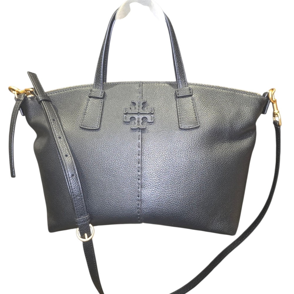 Tory Burch Black Leather Tote Bag NWOT All Hardware In Plastic.Dust Bag + COA - Picture 2 of 12
